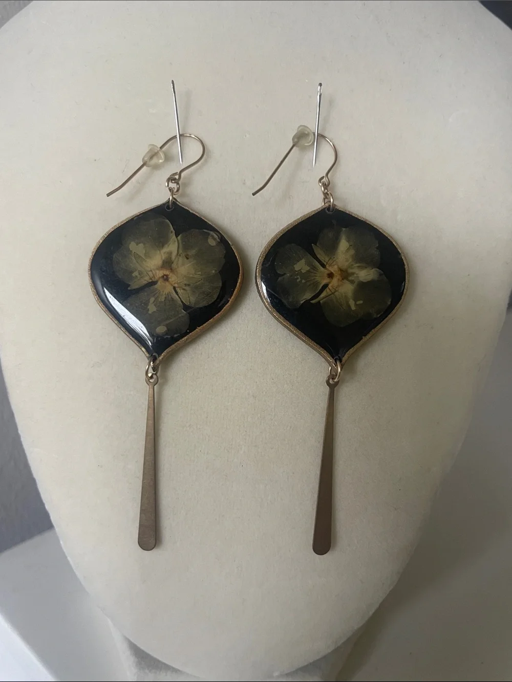 Handcrafted Black Pressed Floral Drop Clay Earrings